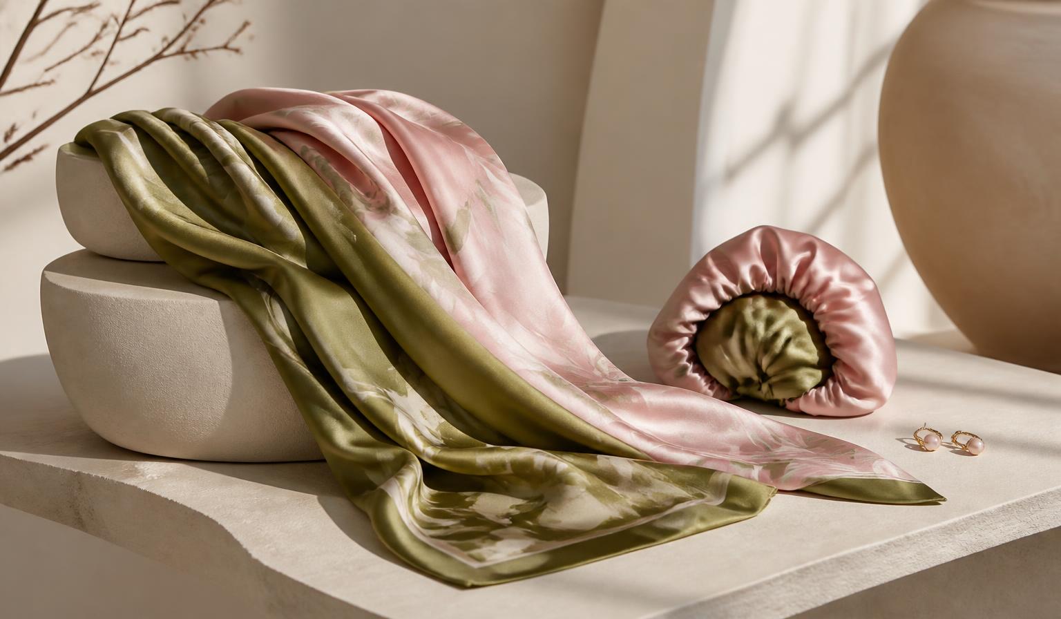 Foulards en soie rose et olive, bonnet et boucles d’oreilles