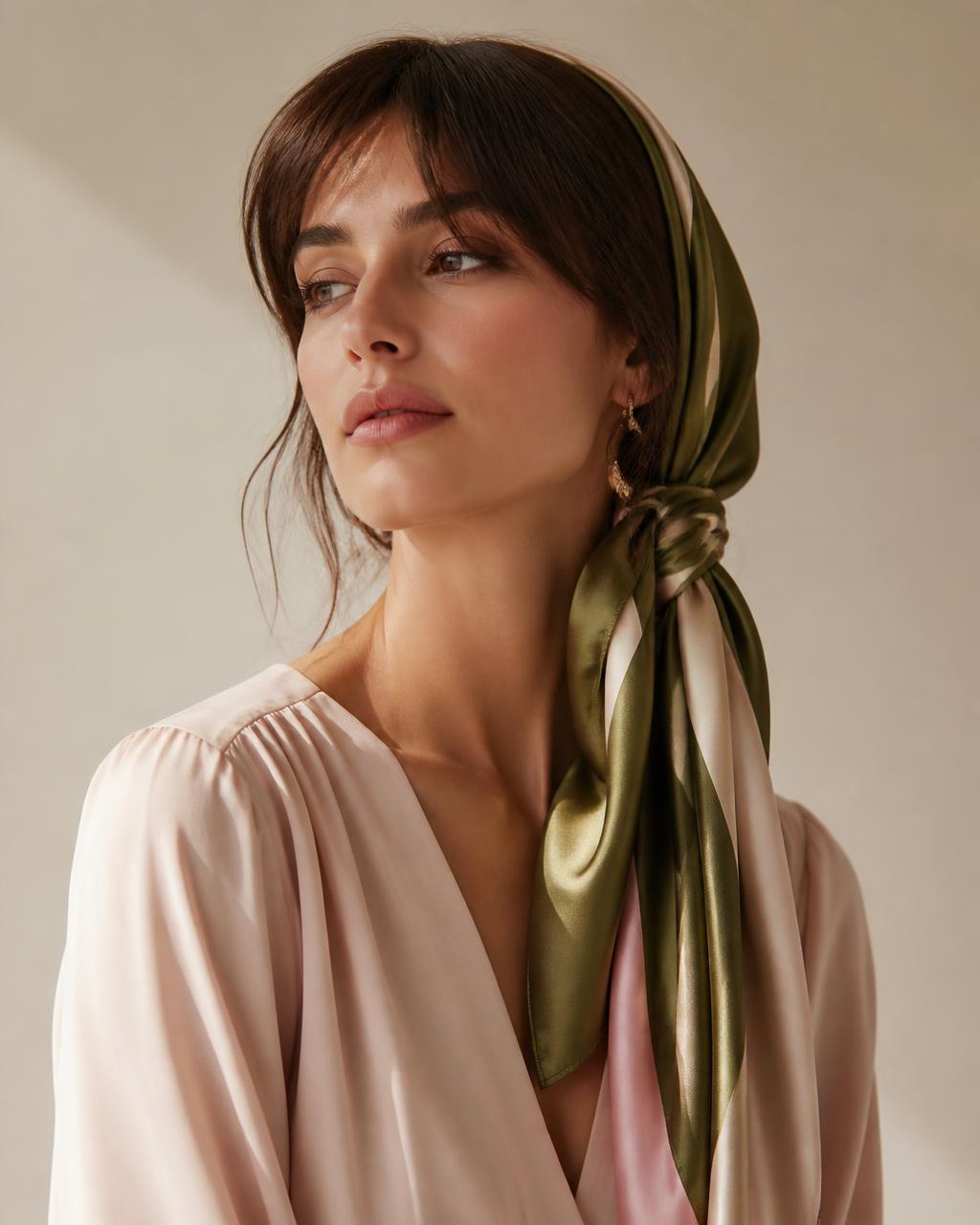 Foulard en soie olive noué autour des cheveux